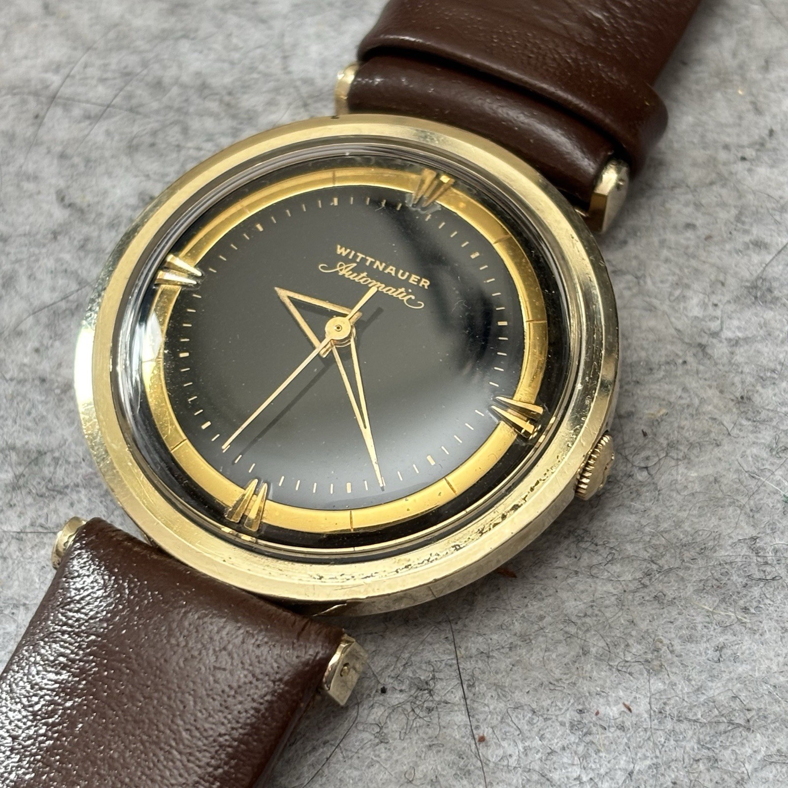 Vintage Wittnauer Automatic Watch 34mm Black Dial Triangle Hands GF – Serviced