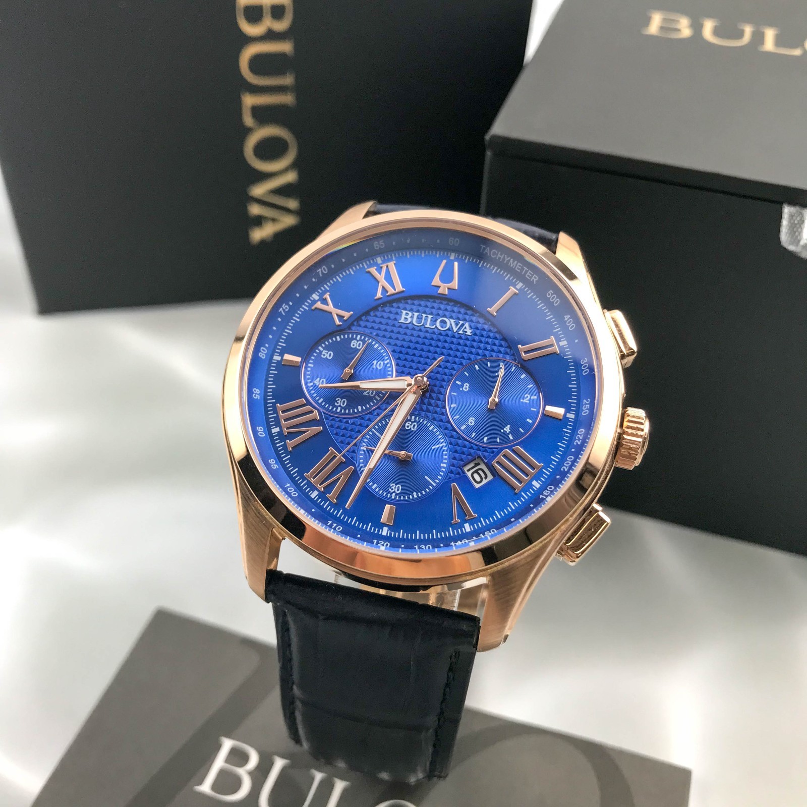 Bulova Men’s Classic Wilton 97B170 Blue Dial Leather Chronograph Watch 45MM