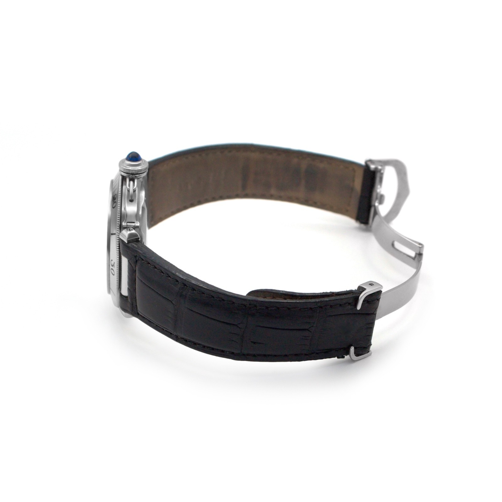 Cartier Pasha 1040 Auto 38m Ivory Dial Stick Date Black Leather Band Steel Watch