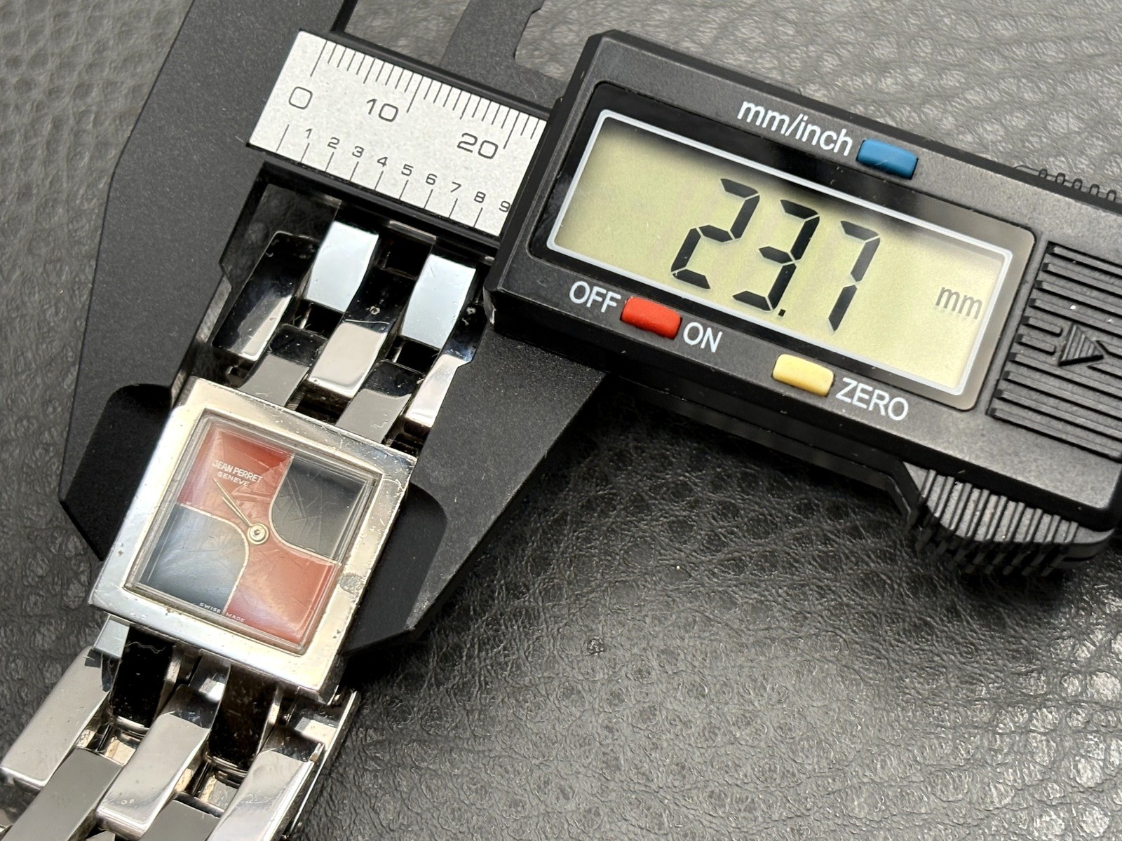 Jean Pierret Geneve Stainless Steel Square Watch Red Black Dial READ