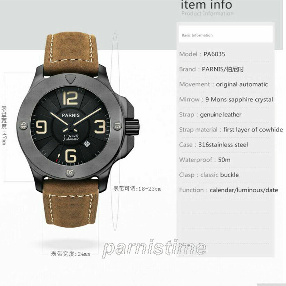 47mm Parnis Luminous Marker Miyota Automatic Men’s Military Watch Sapphire Glass