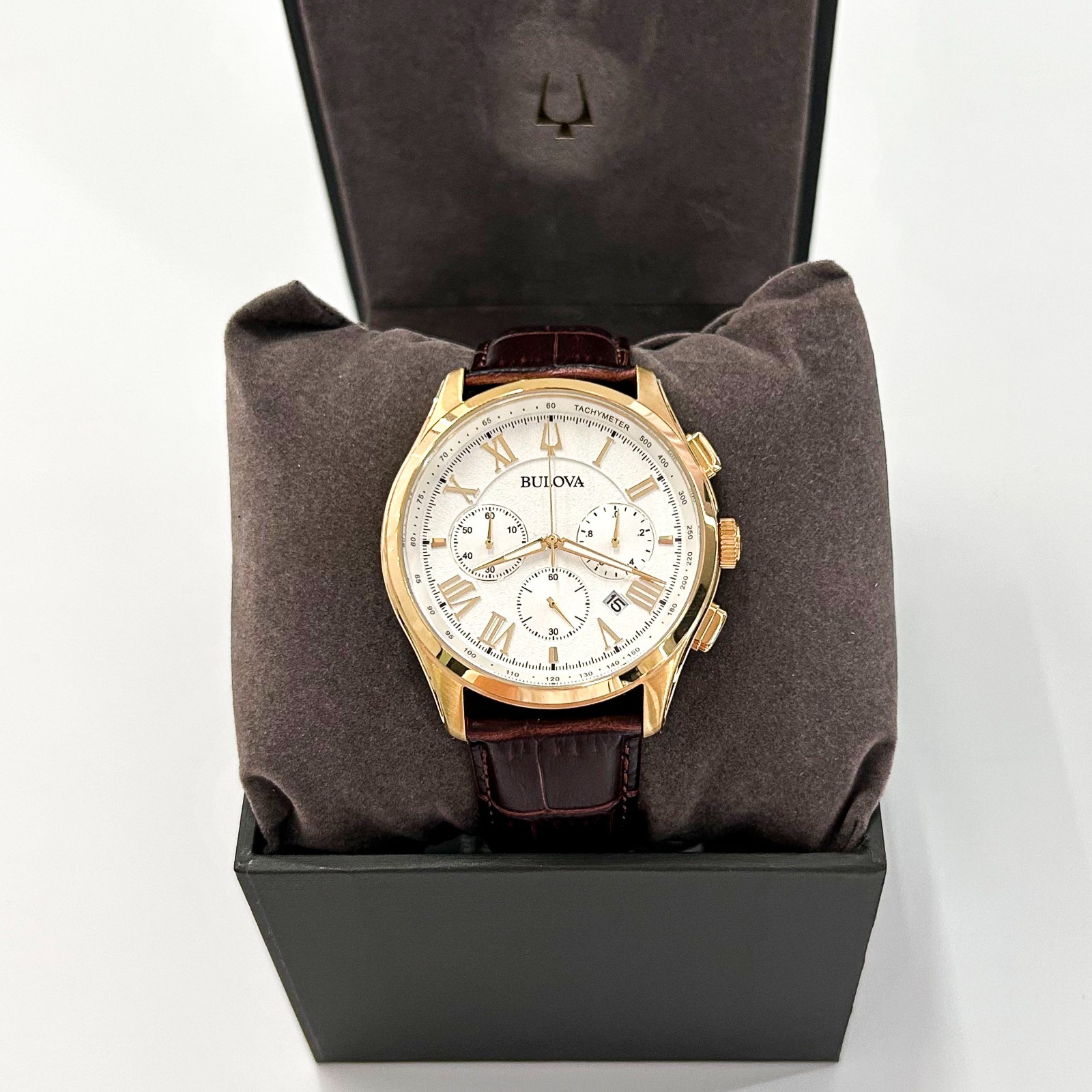 Bulova Men’s Classic Wilton 97B169 White Dial Brown Leather Quartz Watch 46mm