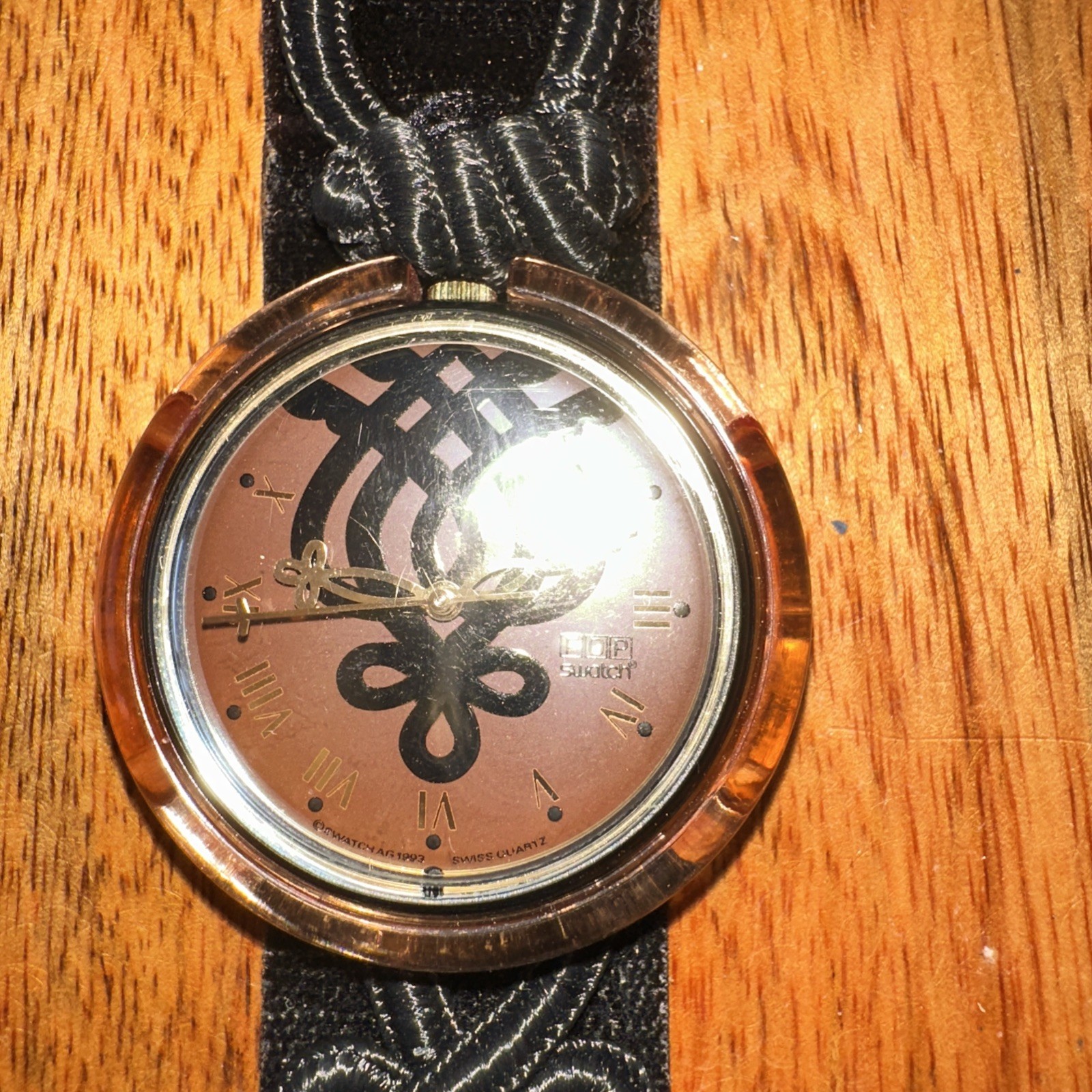1995 Swatch Pop Smooth Velvet PMB102 Midi Rose Dial Black Velvet Strap Watch