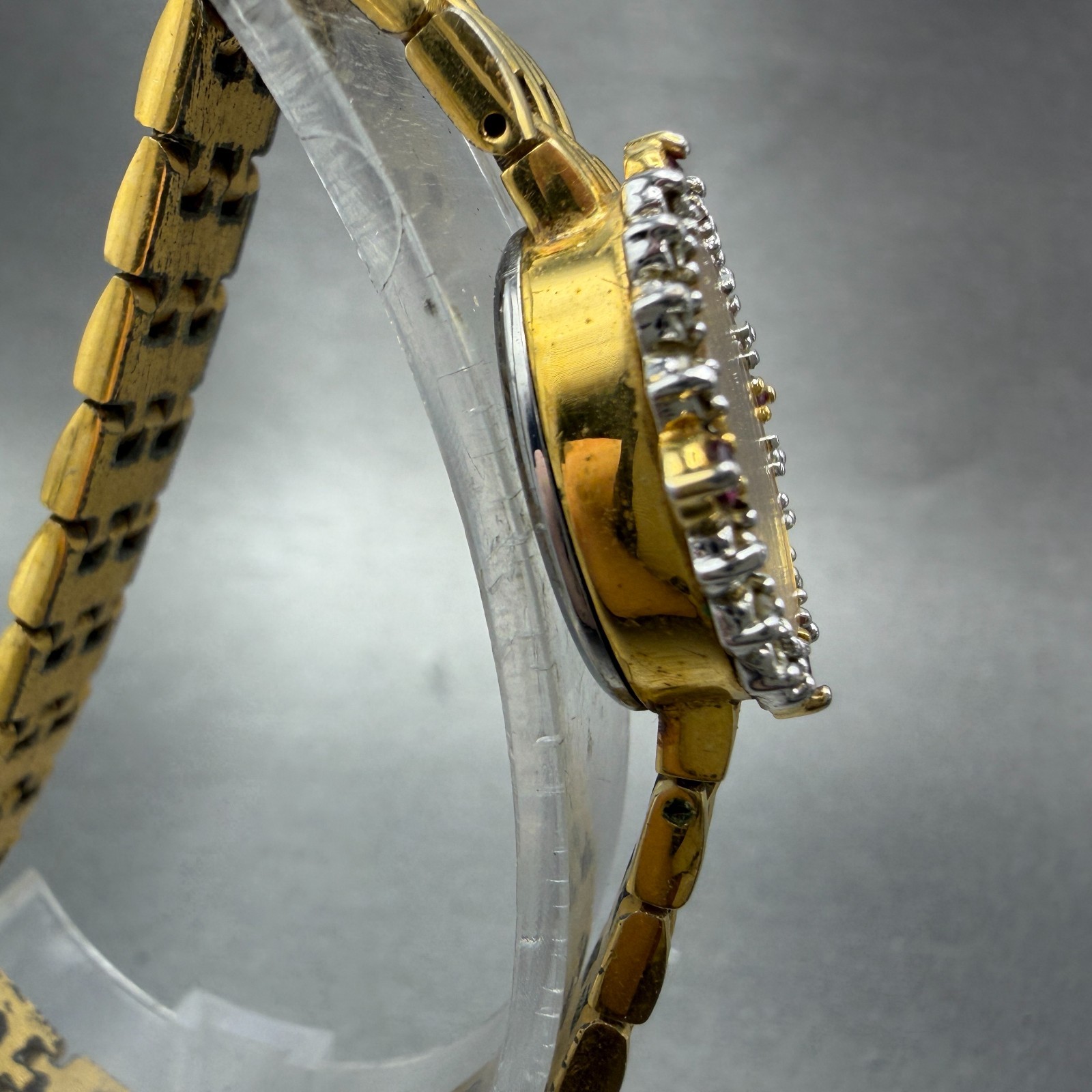 Armitron Deauville Diamond Watch Women 15mm Gold Dial Gold Ruby Oval New Battery
