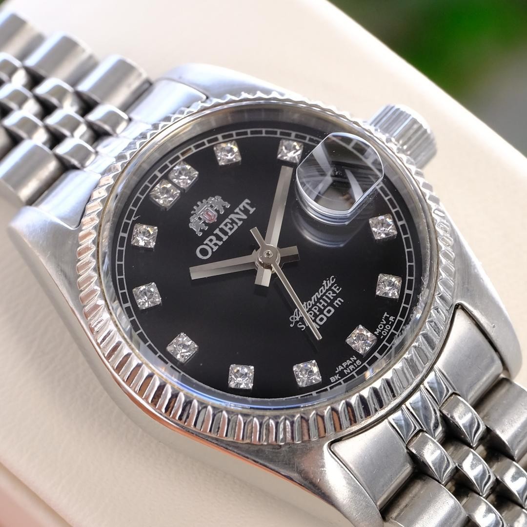 Orient President Ladies Automatic Watch Black Dial Sapphire Crystal Silver Band
