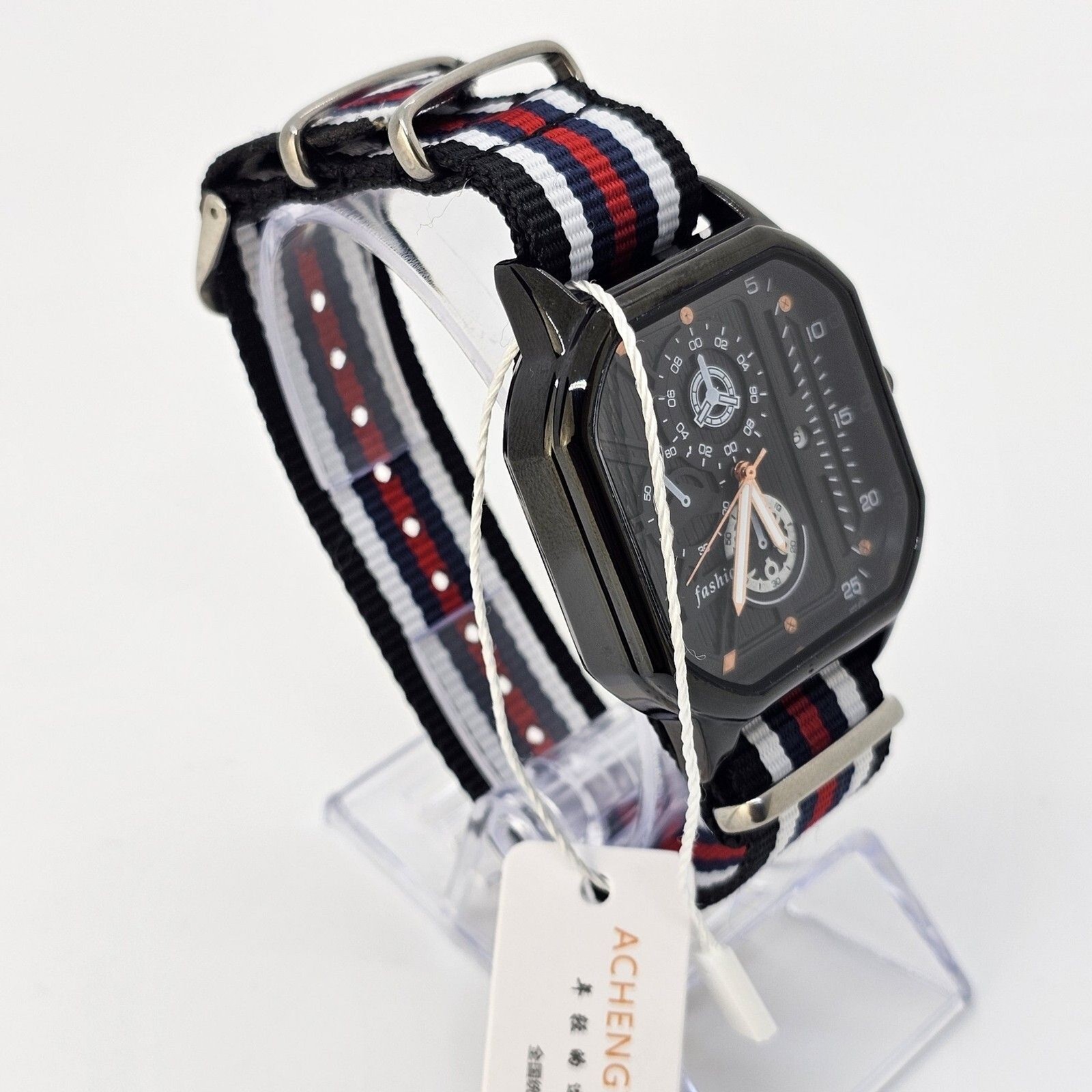 42MM Men’s Watch Black Dial Date Navy Blue Red White Black Canvas Band Strap