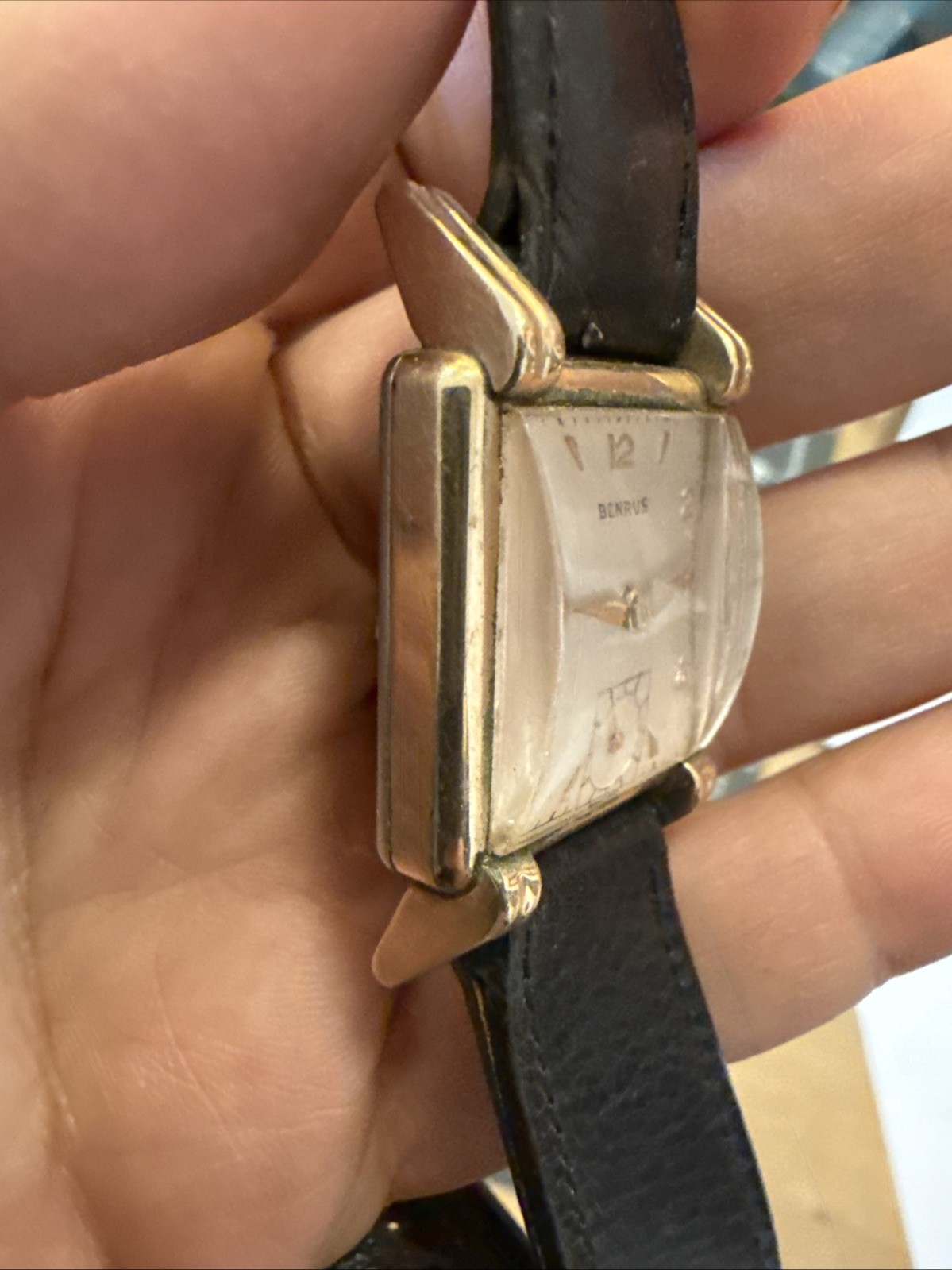 1950s Benrus Men’s Square tank watch domed glass 10K RGP runs Fancy Lugs
