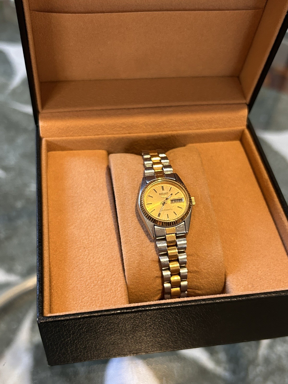 SEIKO Ladies 26mm Automatic 4206-0510 Gold Dial Two-Tone Day Date Women’s Watch