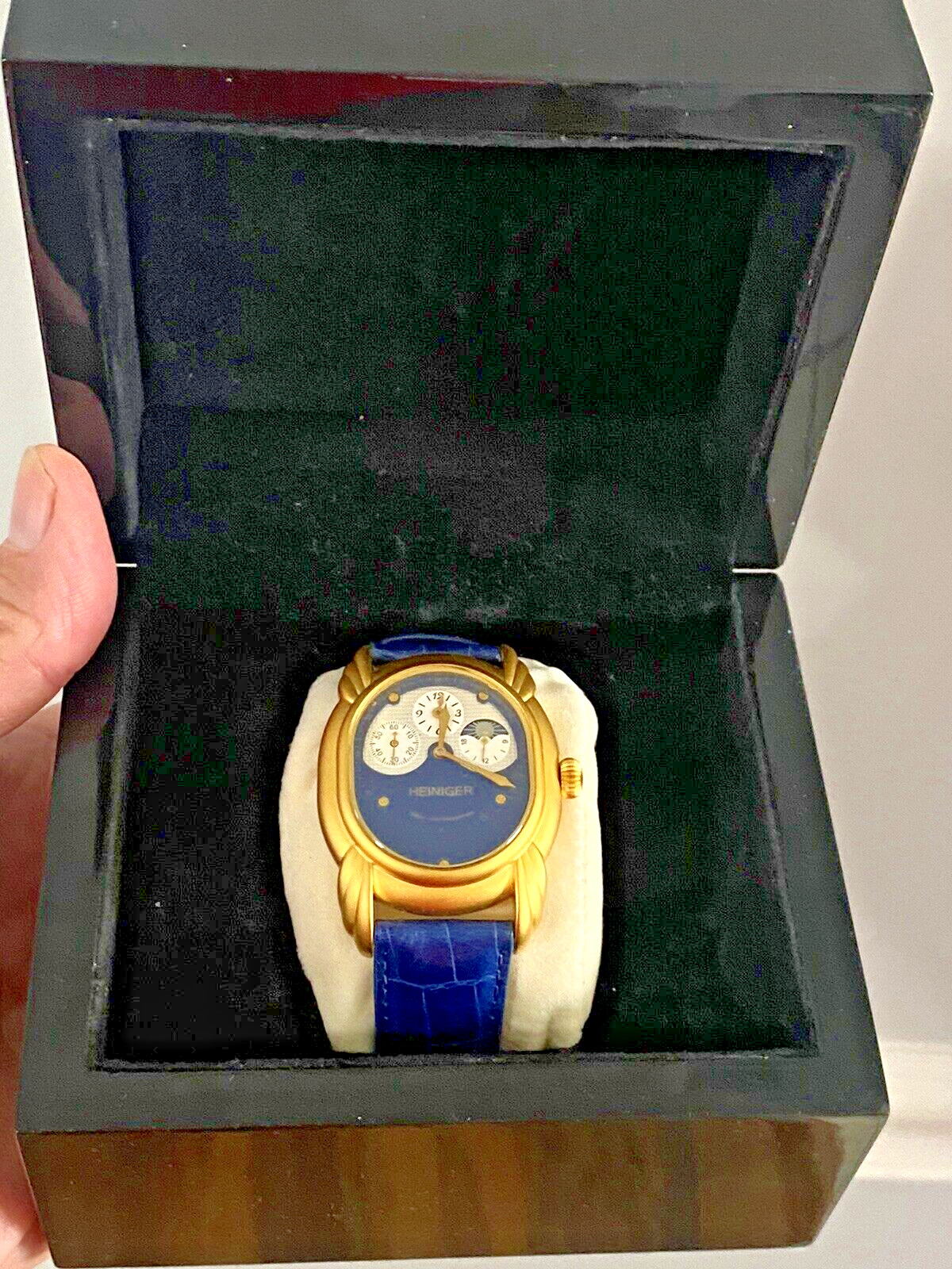 Heiniger Mechanical Watch Swiss Lever Escapement Brass Housing Blue Leather band