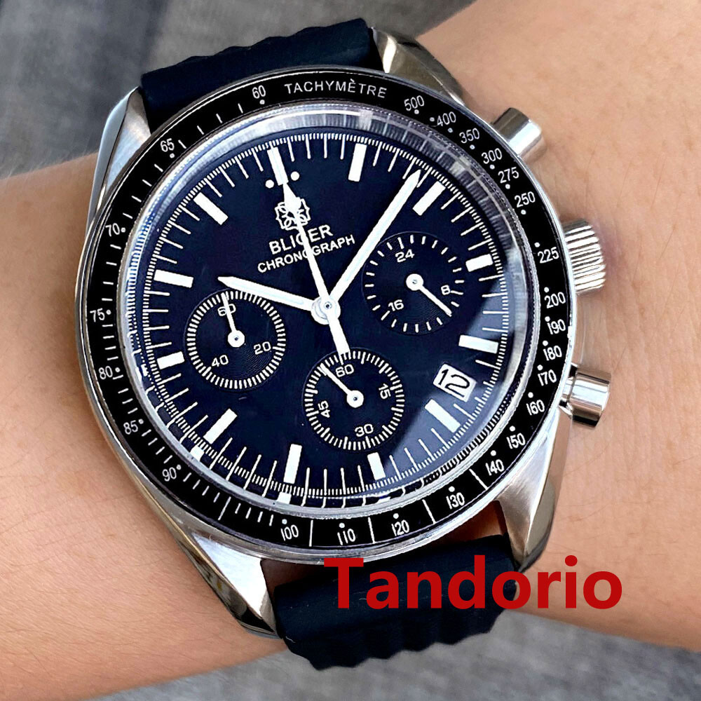 Bliger 40mm Quartz Full Functional Chronograph Watch Black Dial Folding Clasp