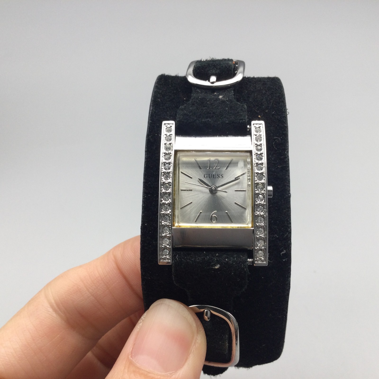 Guess Watch Women G66222L 22mm Silver Tone Bling Black Leather Band New battery
