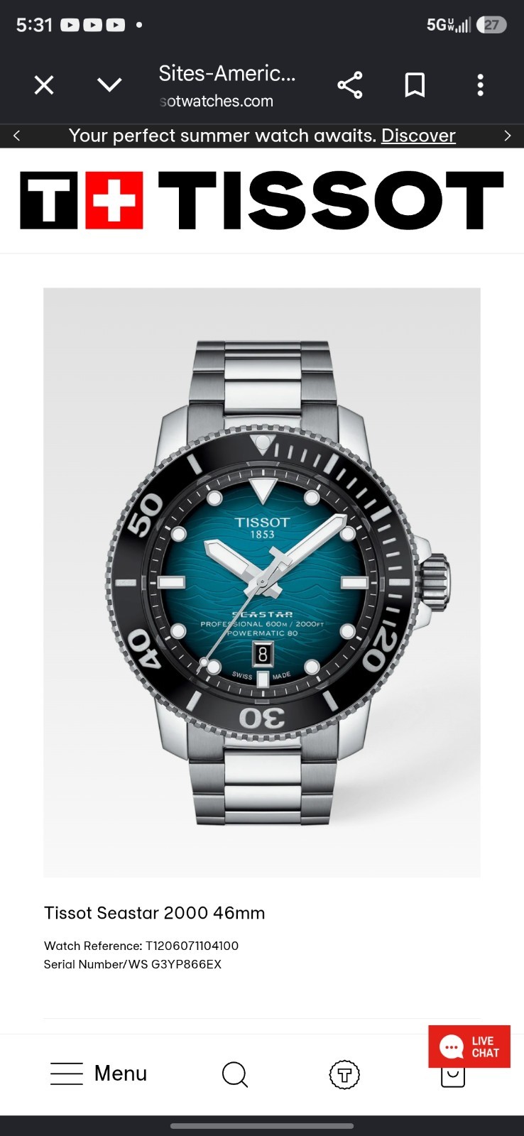 Tissot Seastar 2000 Professional Powermatic 80 46 MM Watch T120.607.11.041.00