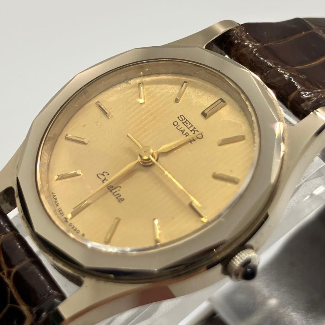 SEIKO Exceline Quartz Gold Dial Brown Strap Watch Used