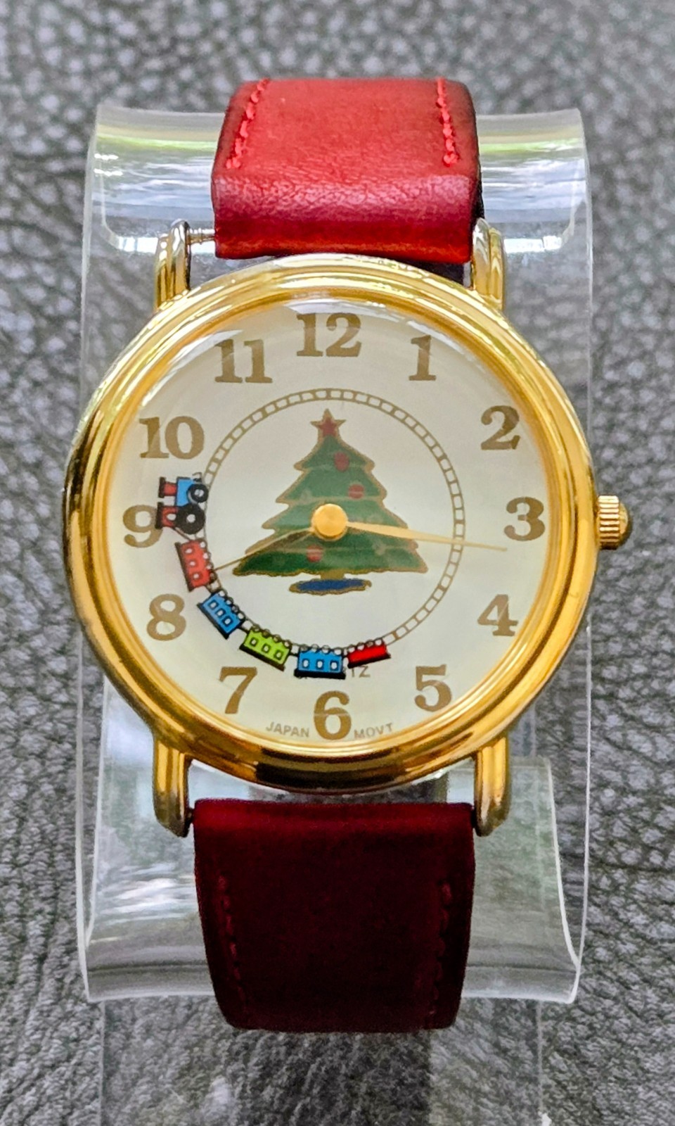 Vintage Christmas Moving Train Holiday Tree Watch Dial Gold Tone Quartz