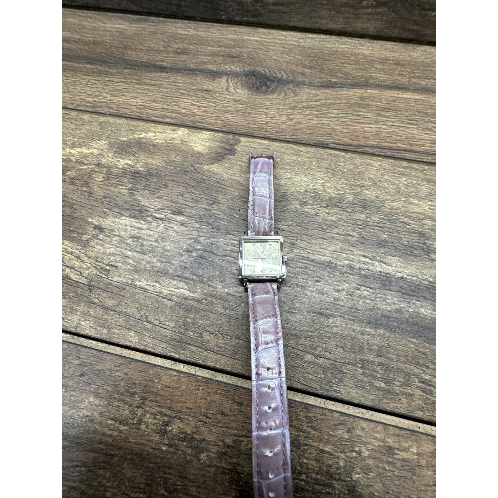 Disney Tinkerbell Watch Square Silver Tone Lavender Croc Strap Tinker Bell As Is