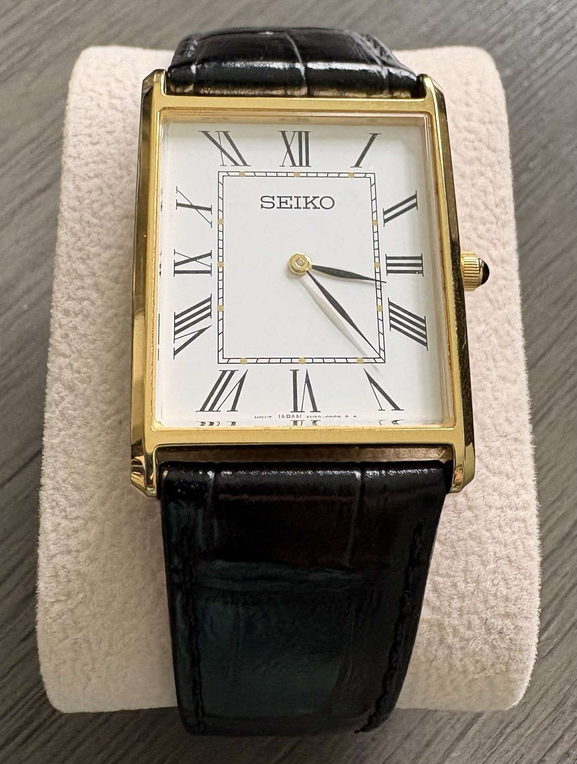 Seiko Rectangular Quartz Dress Watch White Roman Dial Gold Steel Black Leather