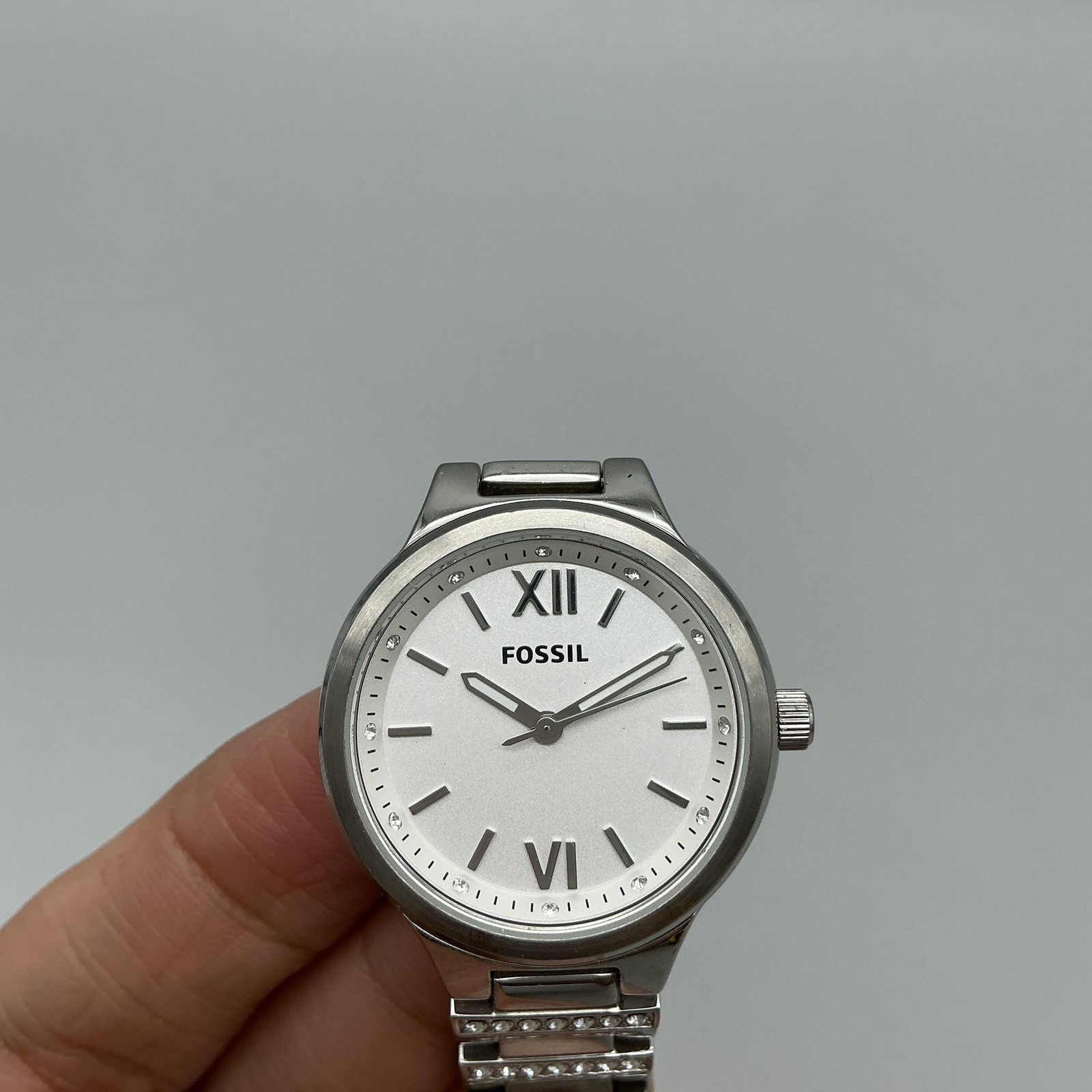 Fossil Spectacle Womens Watch 29mm Silver Tone Crystal Stainless New Battery 7″