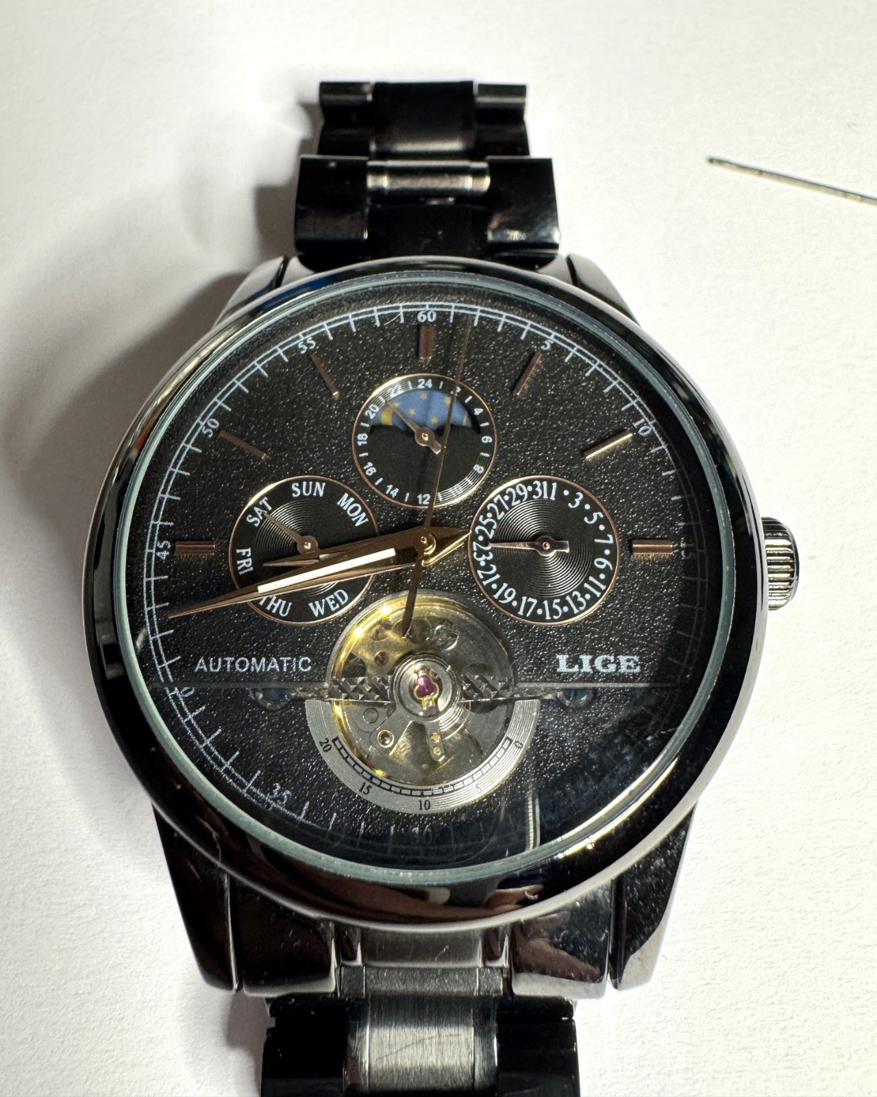 LIGE Automatic Mechanical Skeleton Watch Black Steel Men’s Calendar Kit