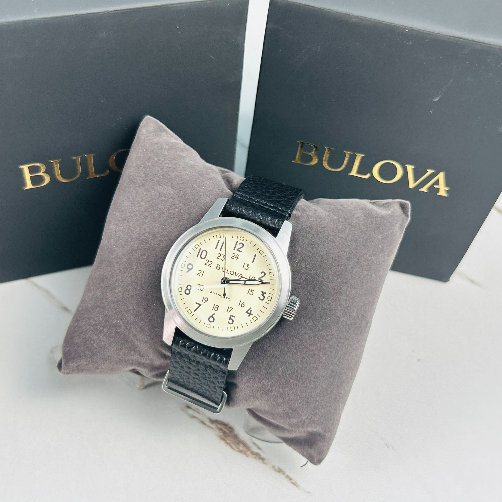 Bulova Men’s Classic Hack Watch 96A246 Ivory Dial Black Leather Automatic Watch
