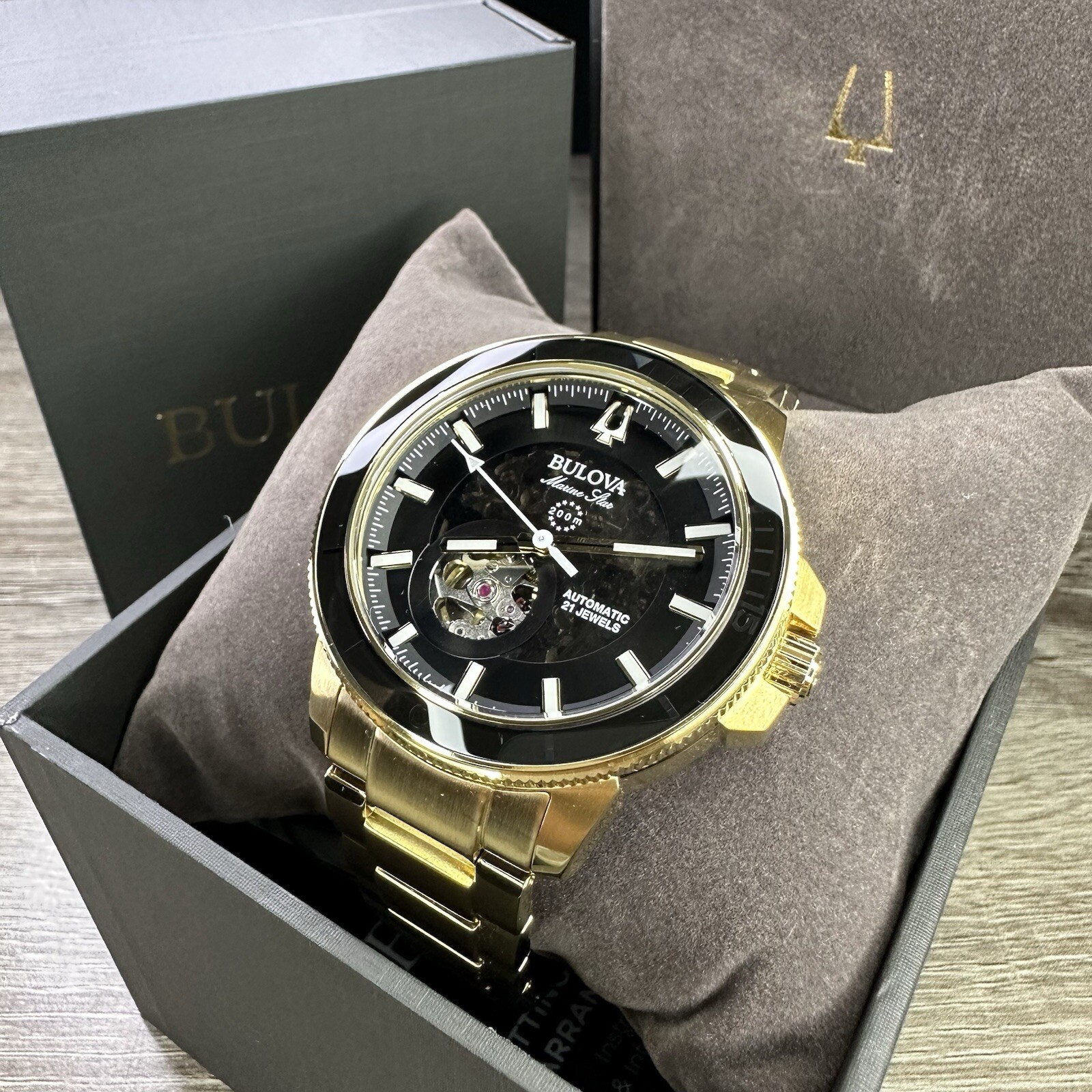 NEW✅AUTOMATIC✅ Bulova Marine Star Gold Tone Black Dial Skeleton Men Watch 97A174