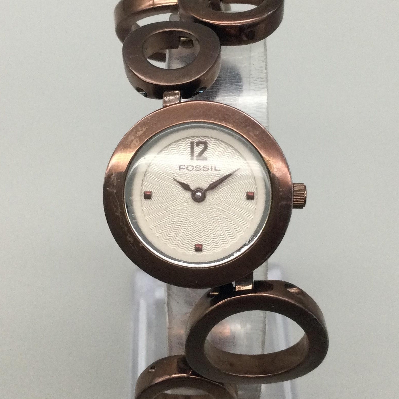 Fossil F2 ES-1816 Womens 25mm Watch White Dial Brown Steel Bracelet New Battery