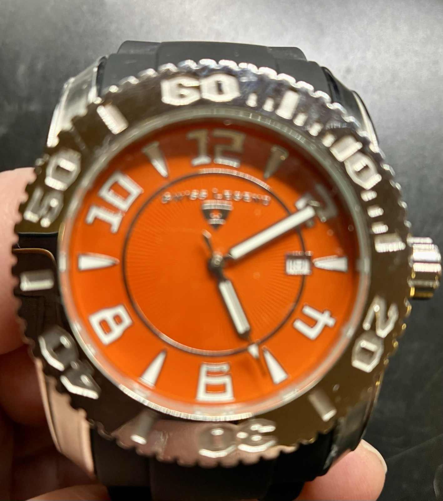 Swiss Legend Commander Watch Black Rubber Silicone Orange Chrome Needs Battery