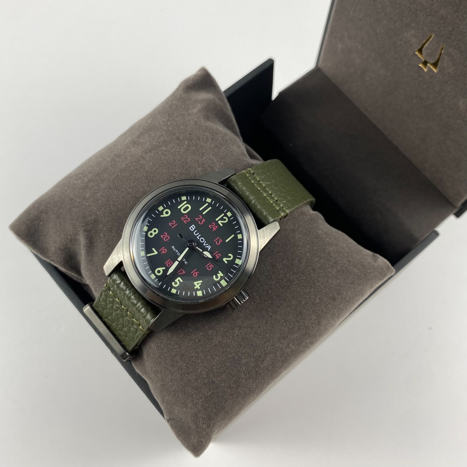 Bulova Hack Men’s 98A255 Military Automatic Black Dial Green Leather Strap Watch
