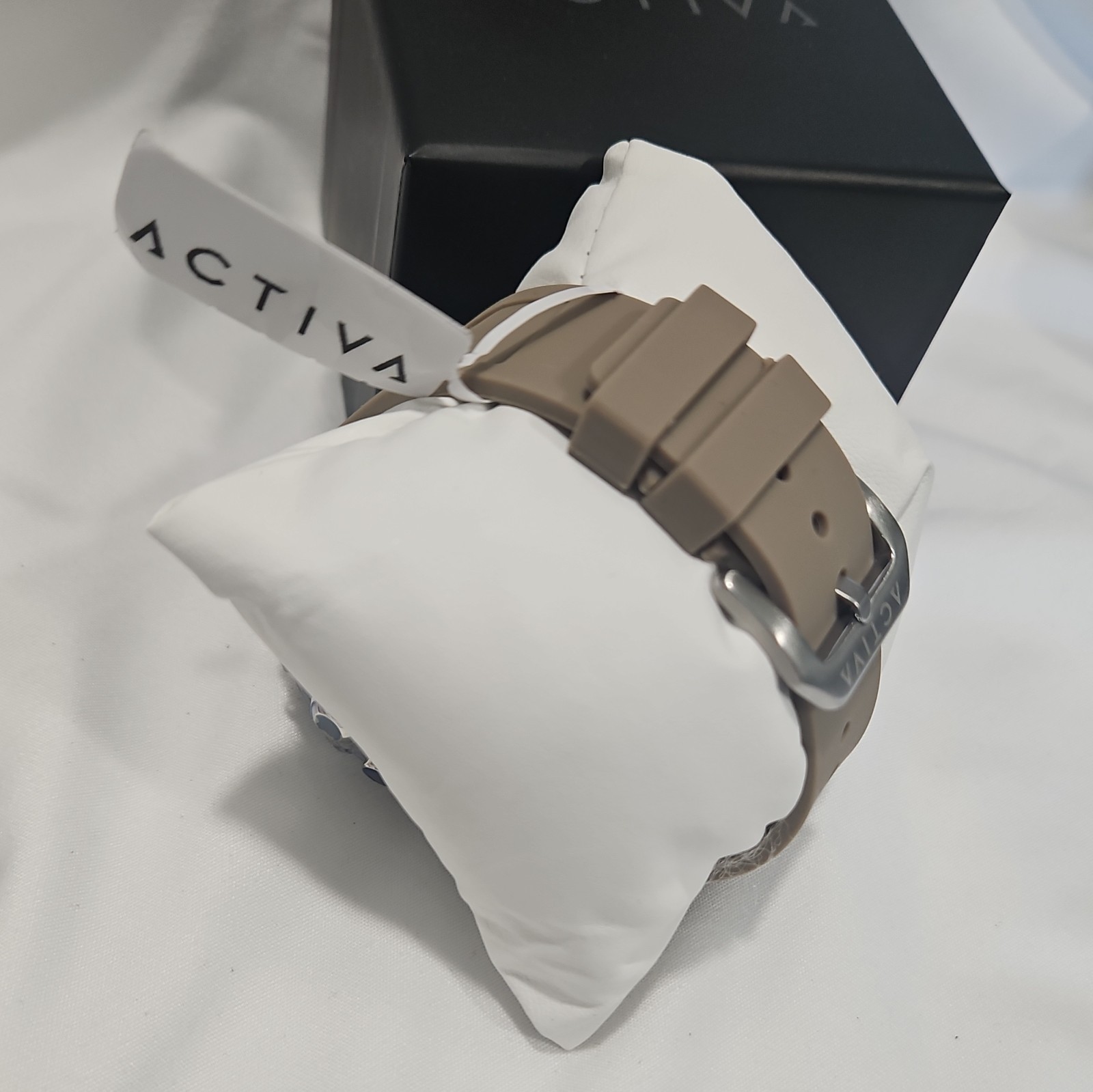 Activa Quartz Chronograph Tonneau Watch Clear Plastic Case Beige Rubber w/ Box