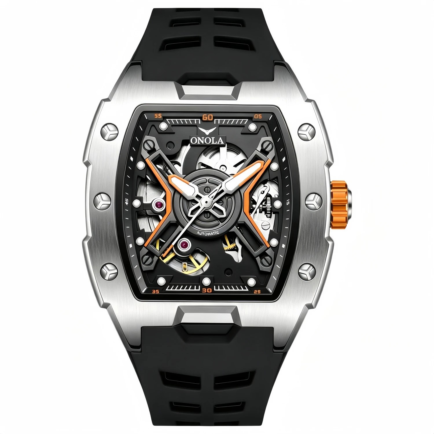 ONOLA Automatic Mechanical Mens Watch With A Silicone Strap And Water Resistance