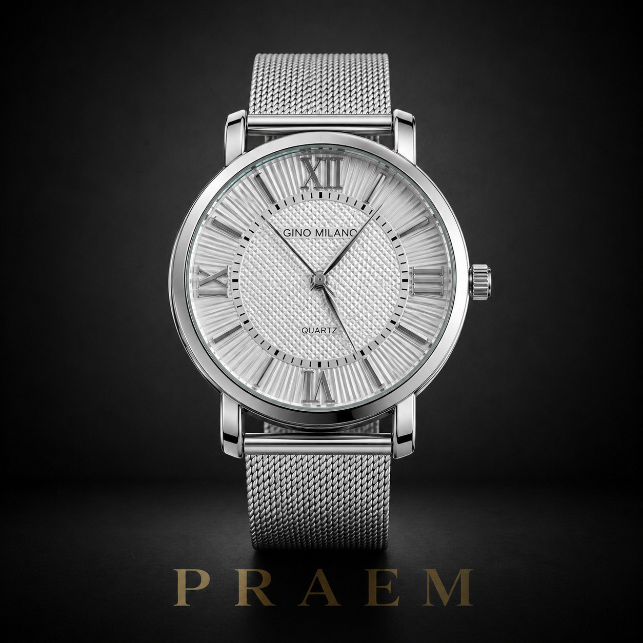 Gino Milan Silver Milanese Mesh Band Quartz Watch 45mm Modern Luxury Dress Watch