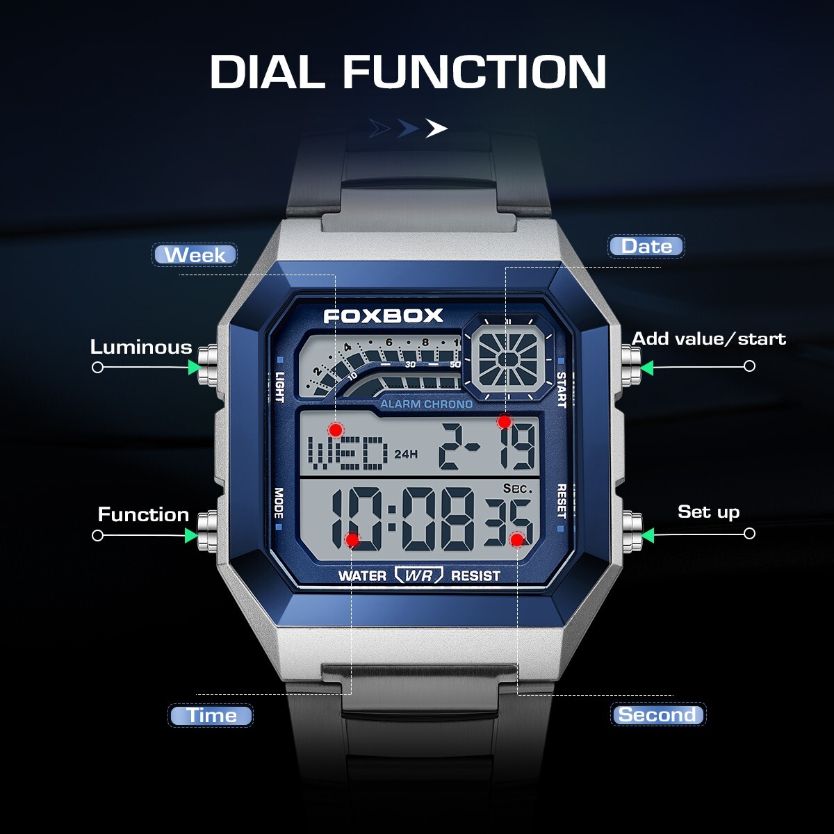 LIGE FOXBOX Men’s Watch Stainless Steel Digital Luminous Waterproof Wristwatch
