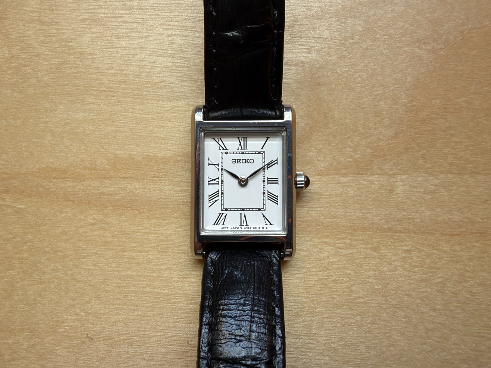 Seiko SWR053 4N30-00H0 Women’s Rectangular Quartz Watch Black Leather Box