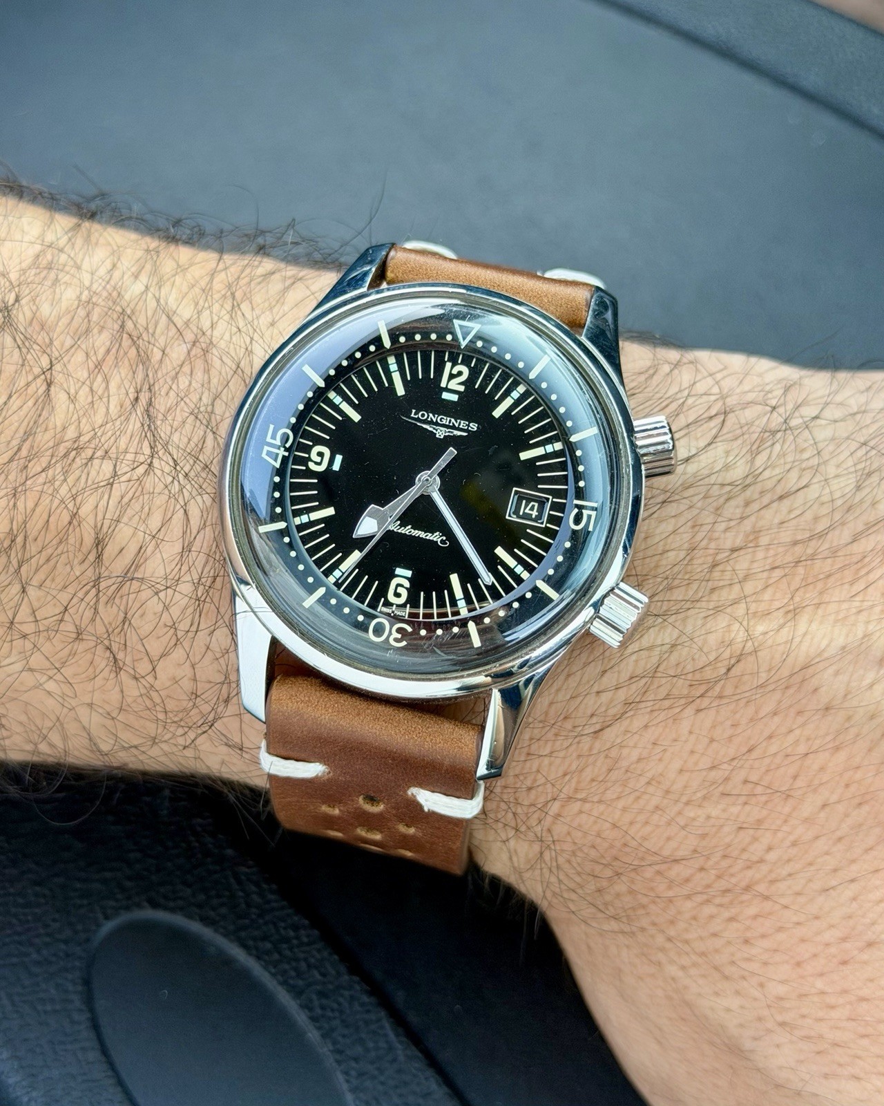 Longines Legend Diver Automatic Black Dial Date Brown Leather Strap Men’s