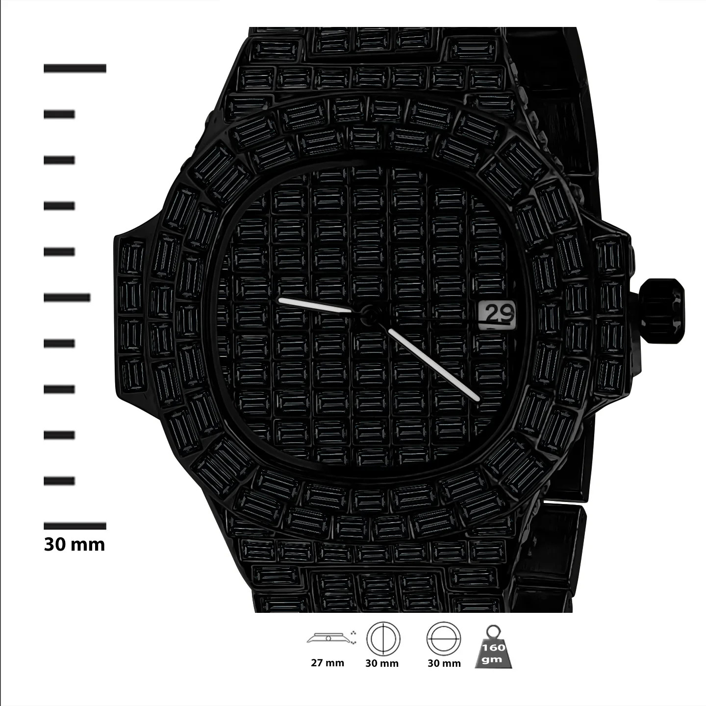 Pulsar Mens Iced Out Watch Black Baguette Hip Hop Bling Date Quartz