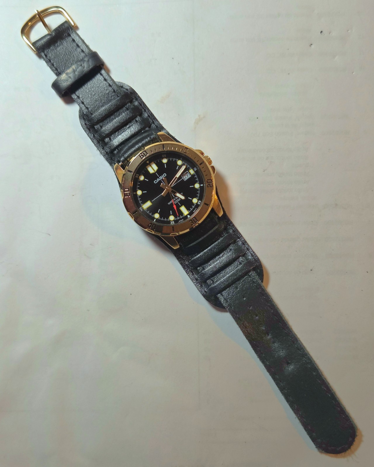 Casio MTP-VD01 Diver Style Fixed Bezel Gold Quartz Black Leather Cuff Watch 43mm