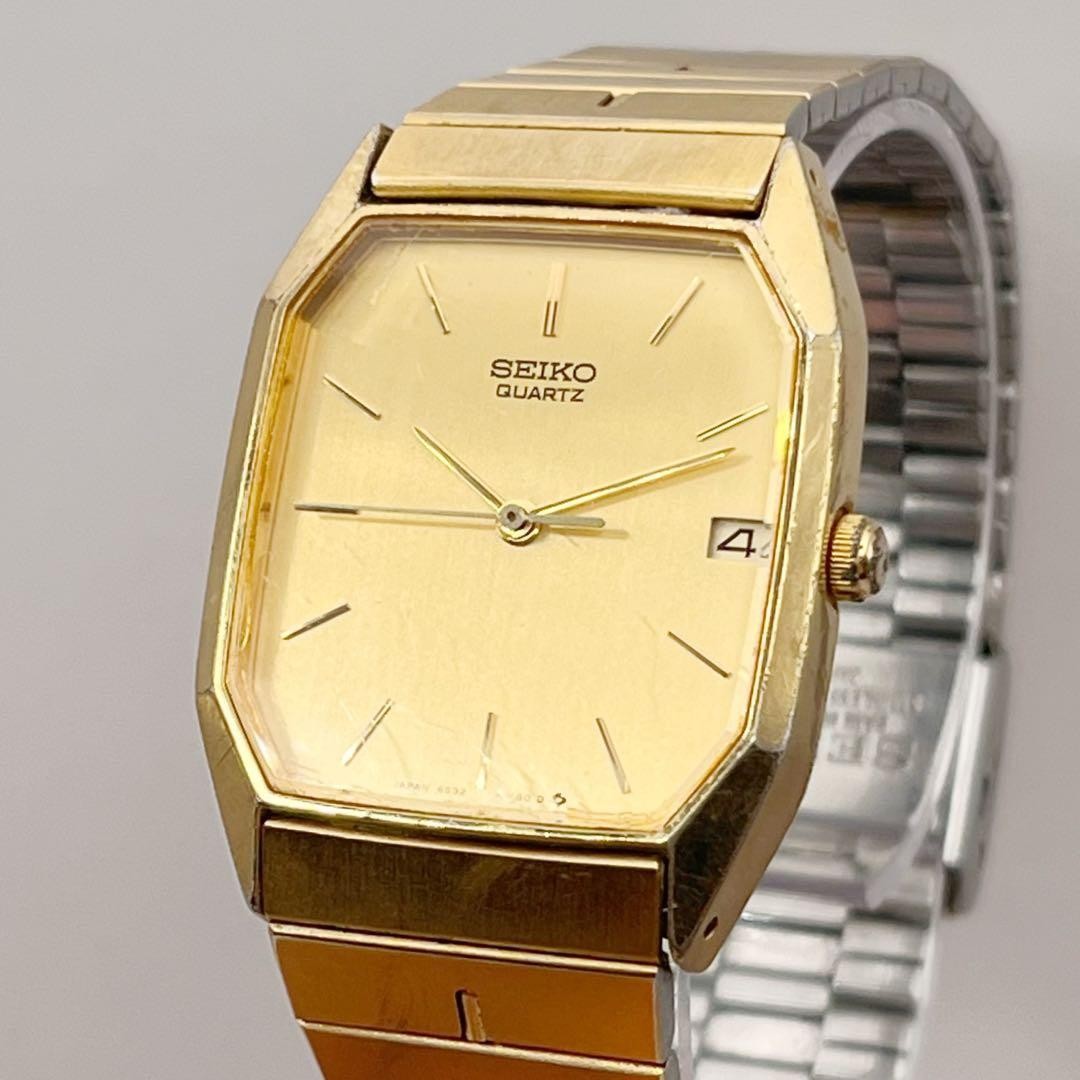 SEIKO 6532-5310 Quartz Men Wristwatch Gold Date Octagonal