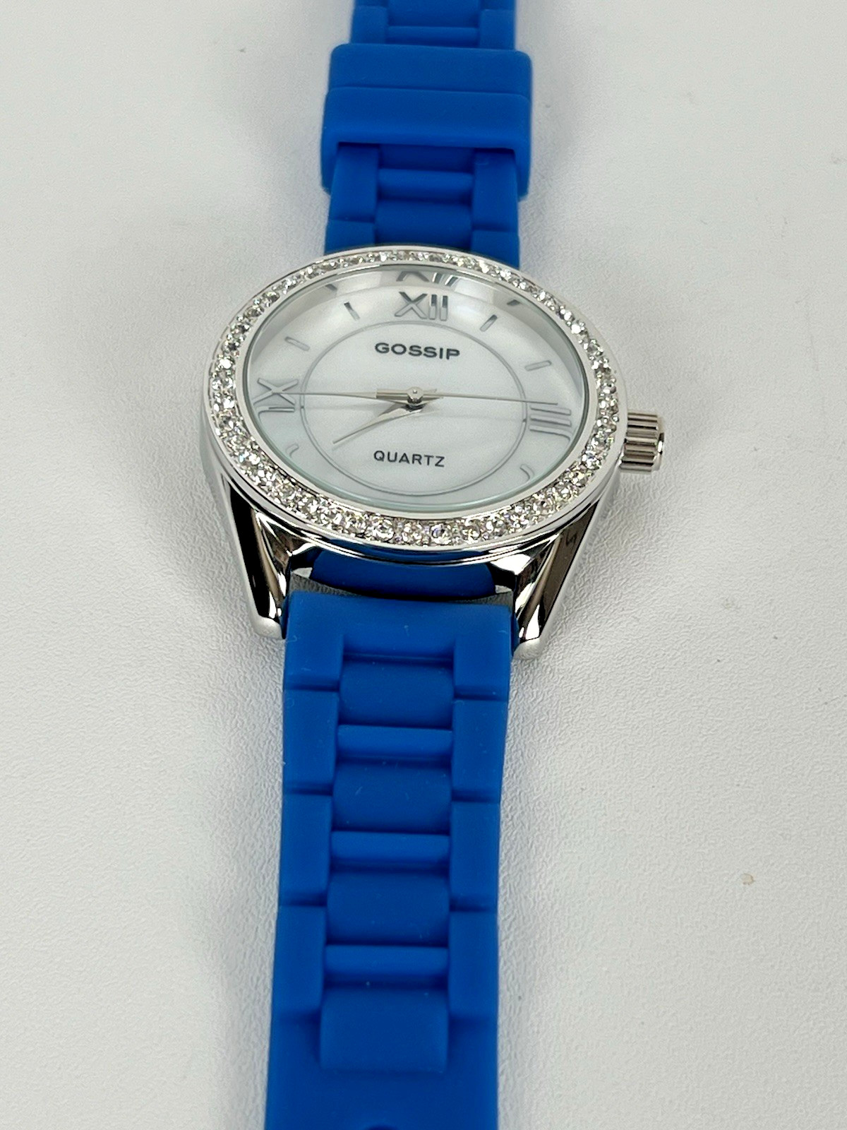 GOSSIP Blue Silicone Band Silver Tone Mother of Pearl Face w/ Crystals Quartz