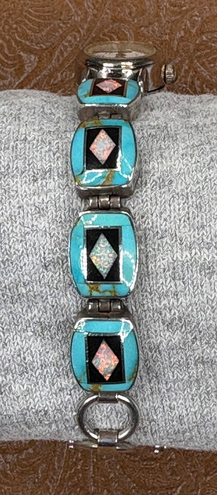 Southwest Style Women’s Bracelet Watch~Sterling, Turquoise, Lab Opal-New/Refurb.