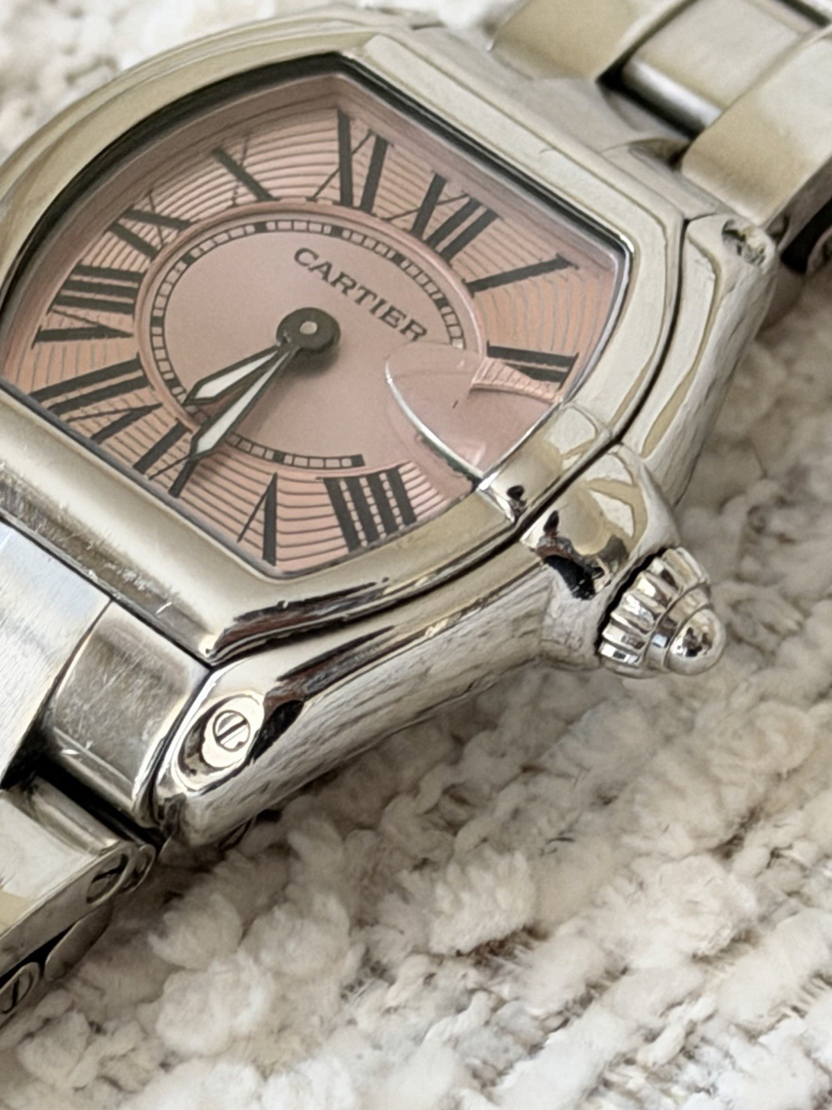 Cartier Roadster 30mm Pink Dial Quartz Date SS Bracelet 100m Women’s