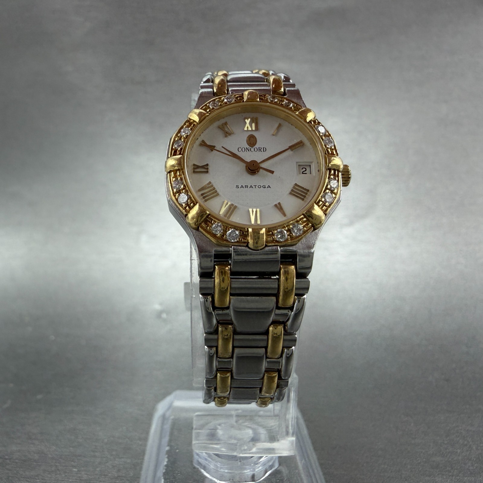 Concord Saratoga Watch Women 23mm White Dial Two Tone Diamond Bezel 15 73 287