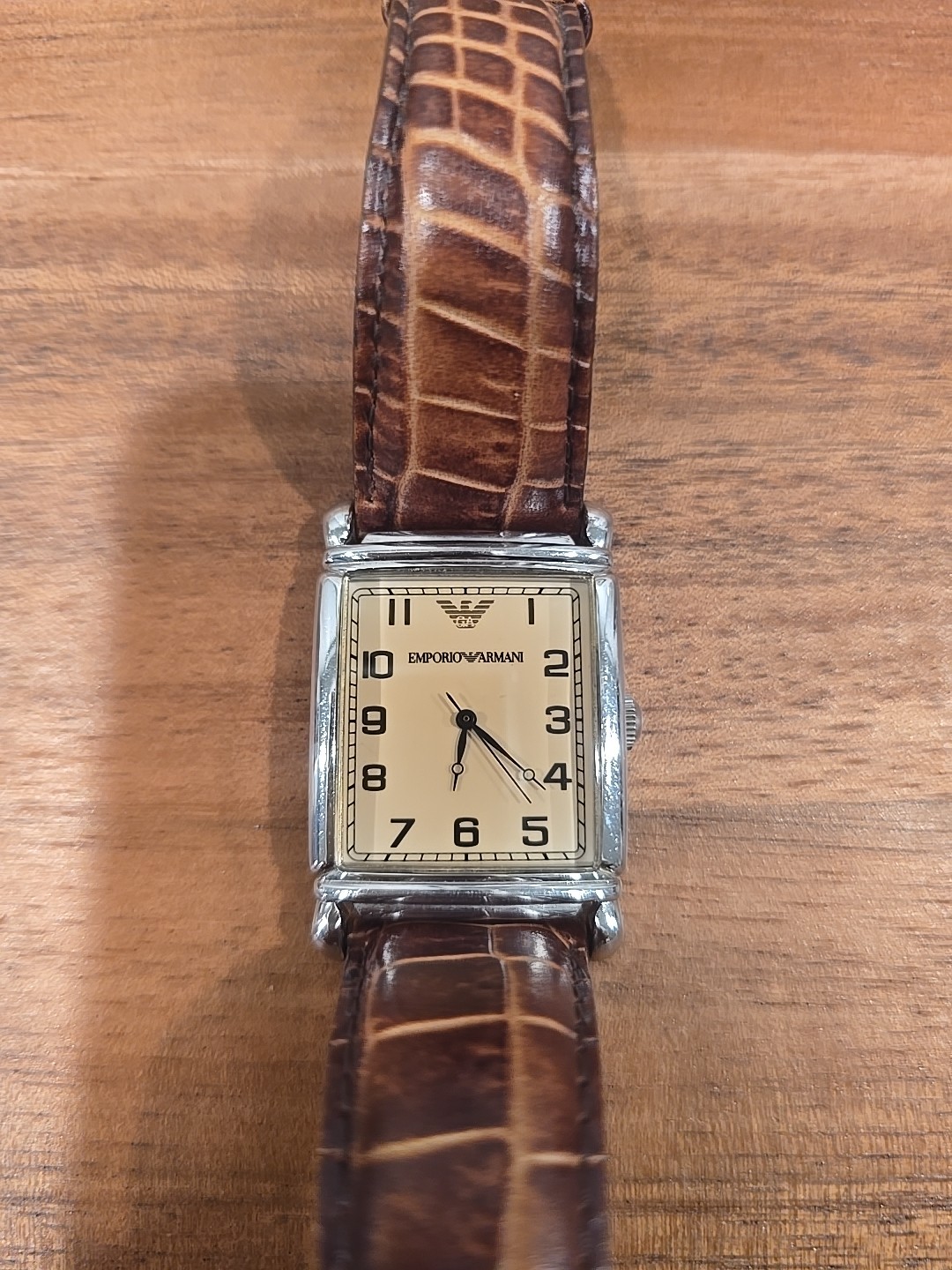 RARE EMPORIO ARMANI Quartz Tank Cream Numeric Leather Vintage Watch