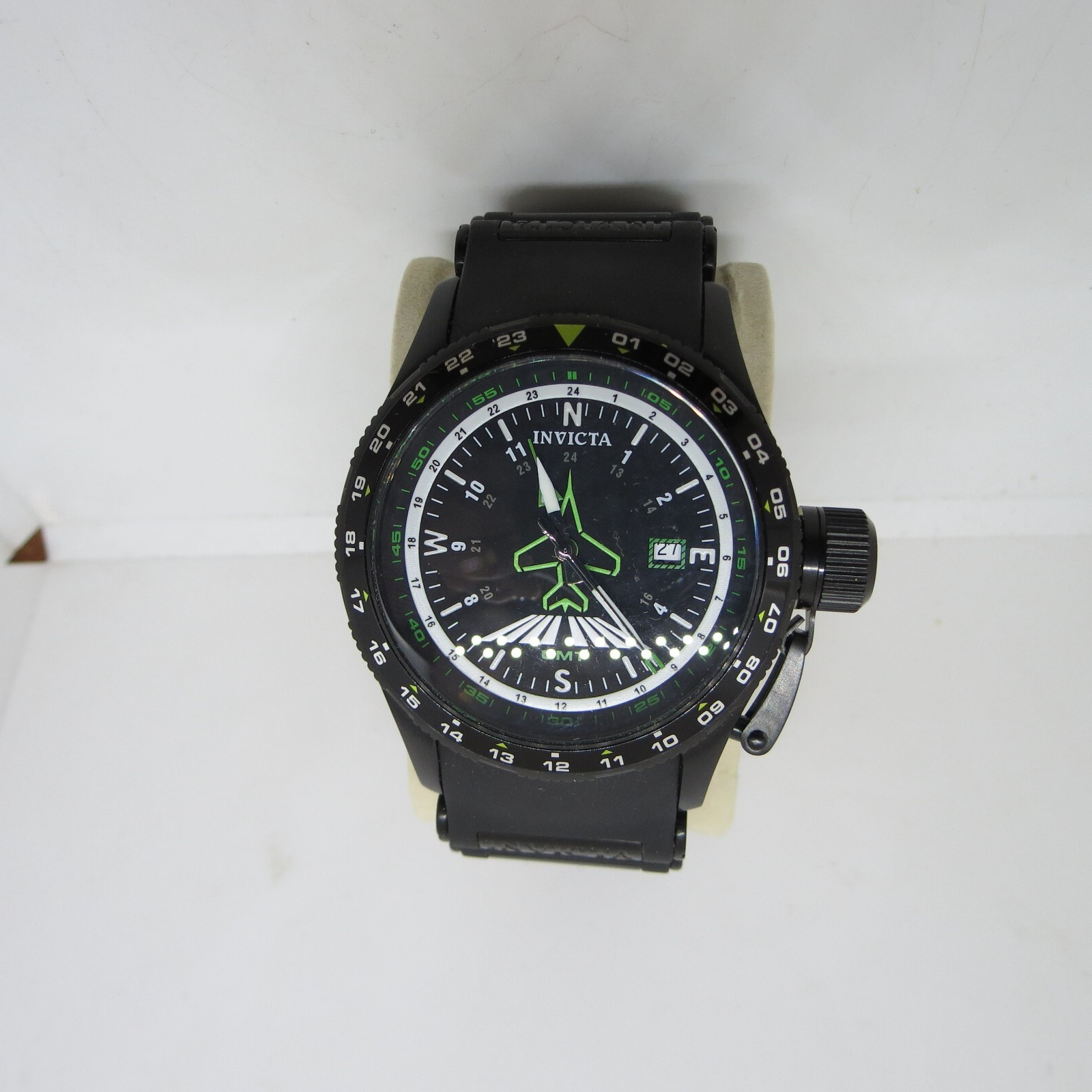 INVICTA AVIATOR GMT BLACK WATCH SILICONE BAND WITH GREEN JET ON FACE