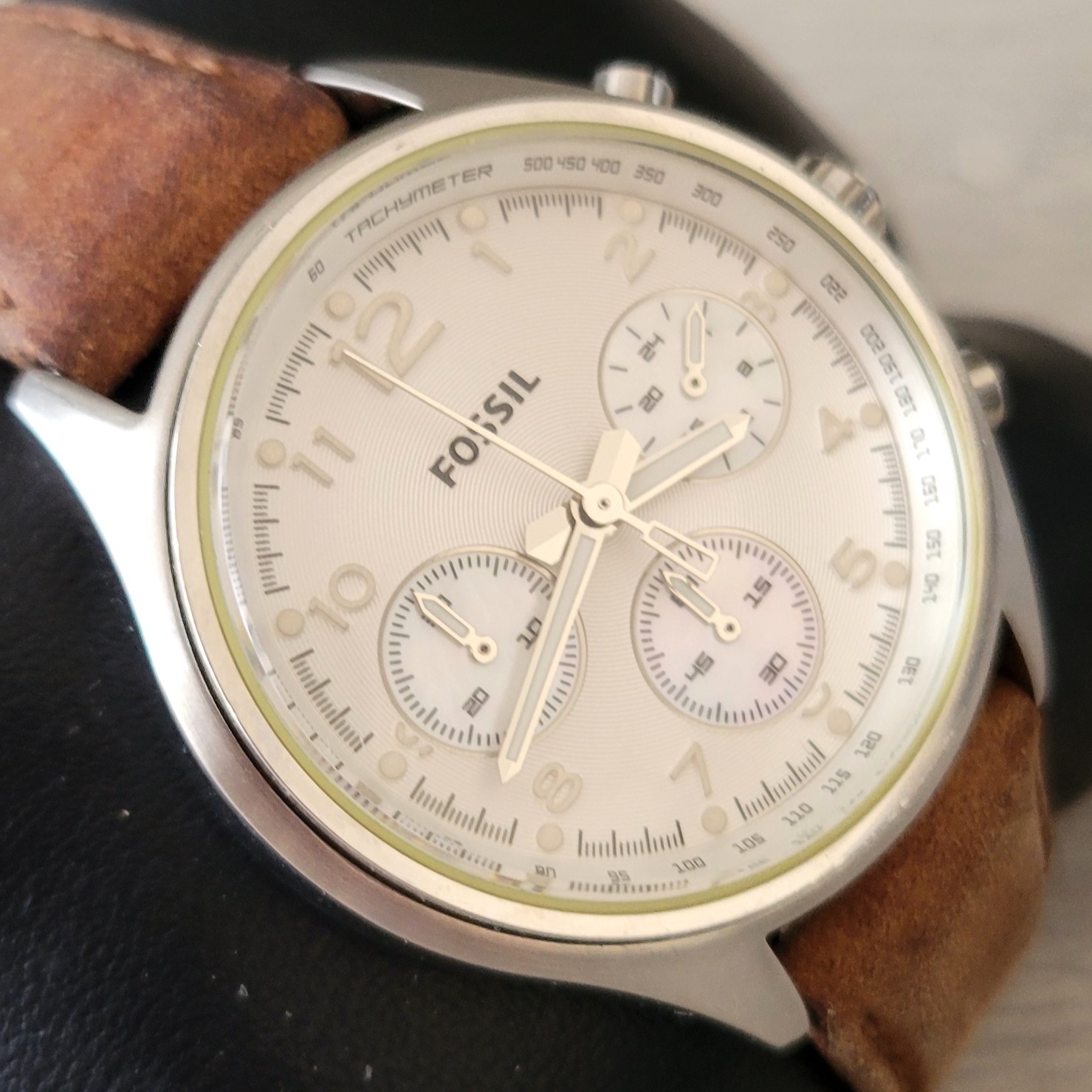 Fossil Flight Chronograph Watch White Dial Brown Leather Band Mens / Unisex EUC