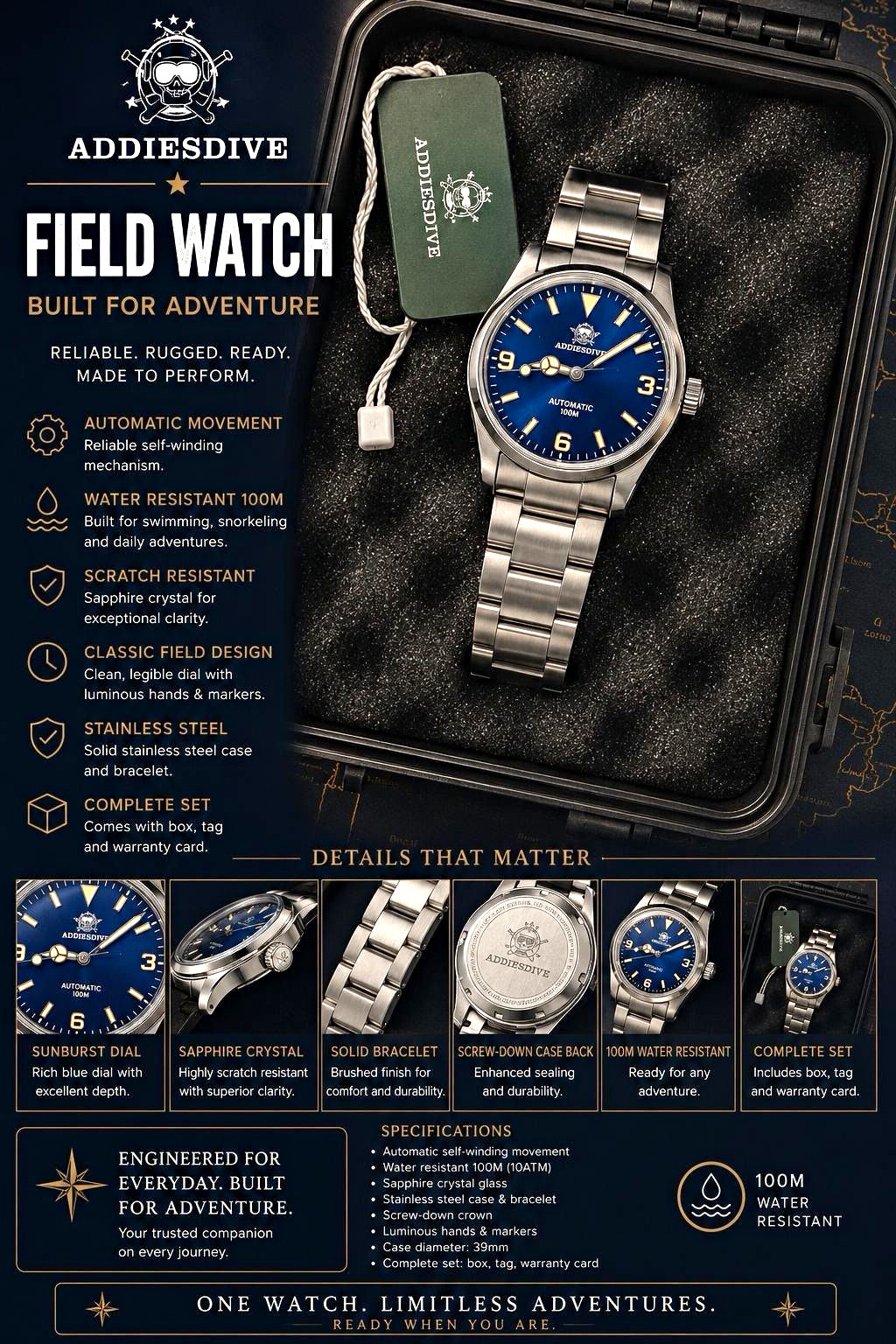 Addiesdive AD2112 Automatic Blue Dial 39mm SS Bracelet 100m