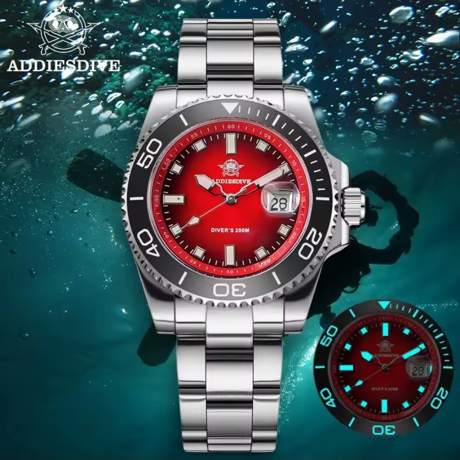 Addiesdive AD2089 Diver Quartz Watch 41mm 200m Red Sunburst New With Box USA