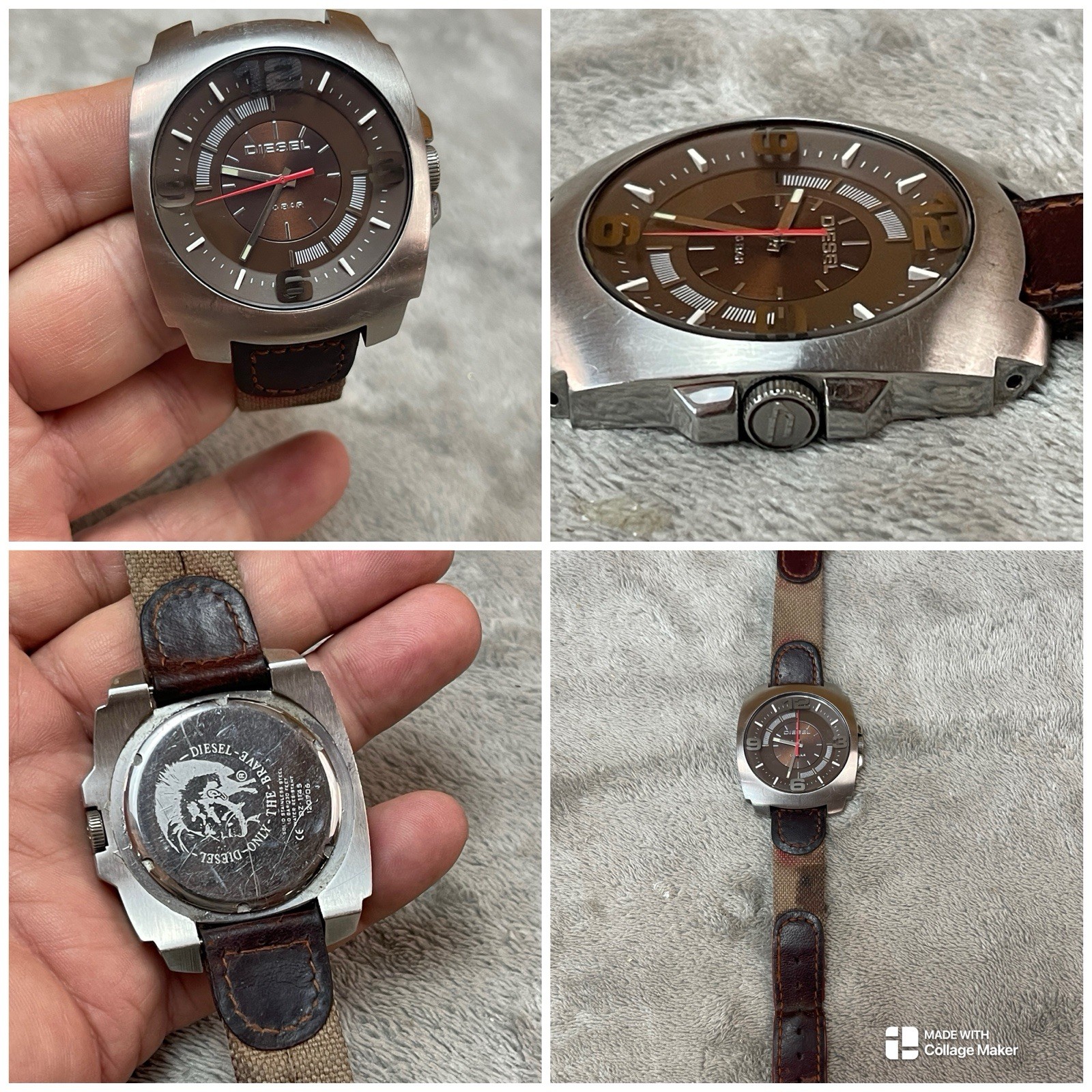 DIESEL DZ-1145 WRIST WATCH BRUSHED CHROME BLACK DIAL ( NEEDS STRAP ) RUNS !!