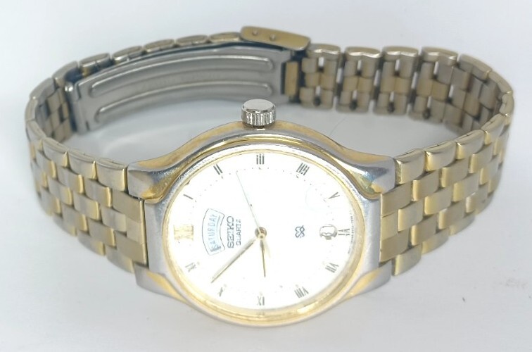 Vtg Men Seiko Sq Watch 5y23-7159 Baton Indexes Steel Bracelet Gold Tone Calenda
