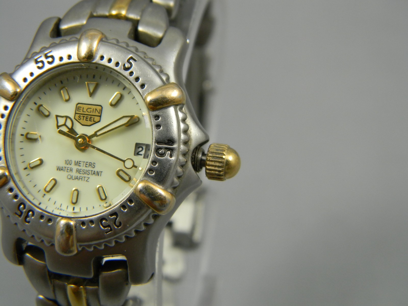 Elgin Steel Watch Women Diver Style 25mm Clasp Band 5.5″-5.75″ New Battery