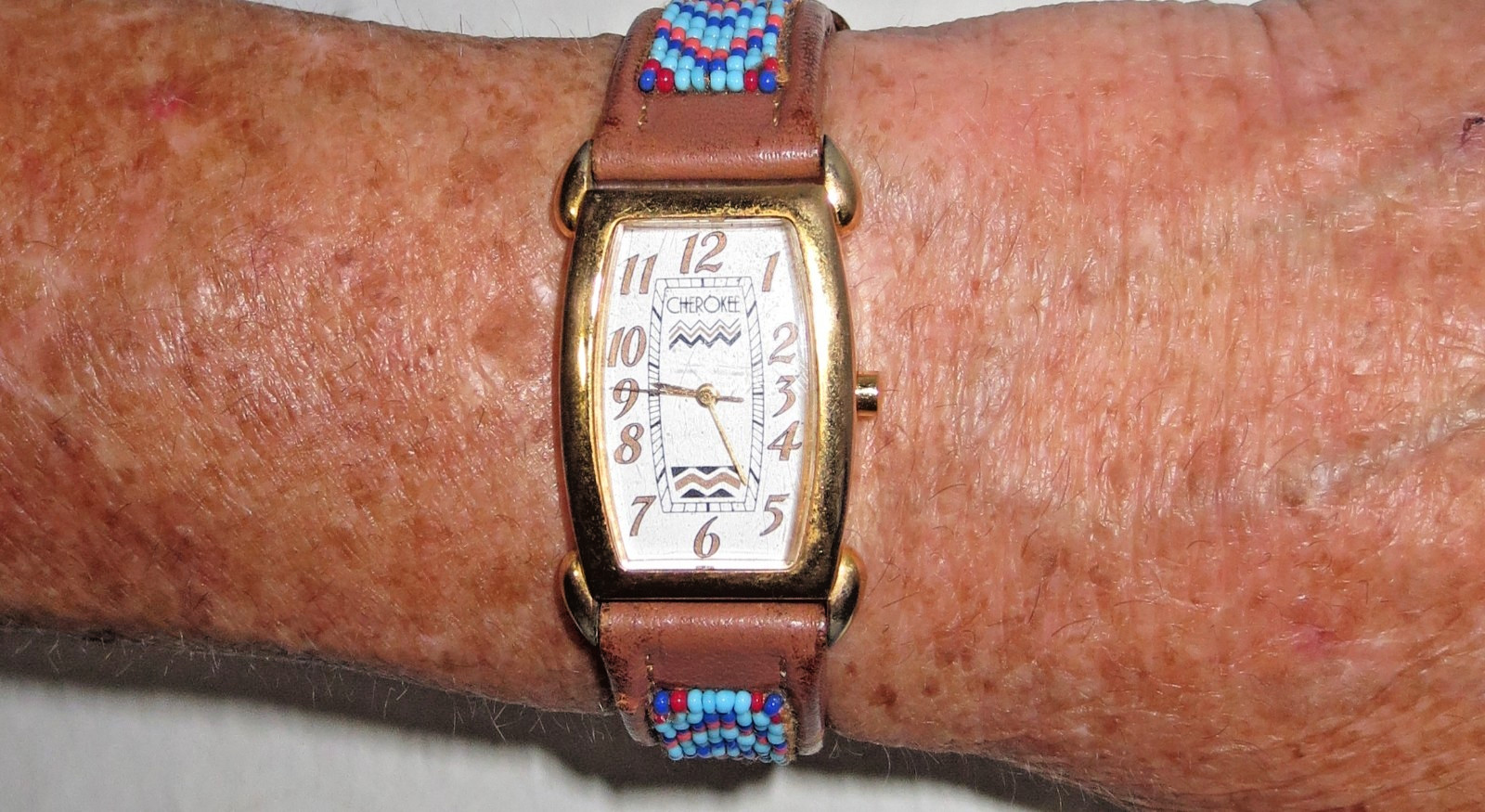 Native American Cherokee Wristwatch Tank Style Aztec Design Dial & Beaded Band