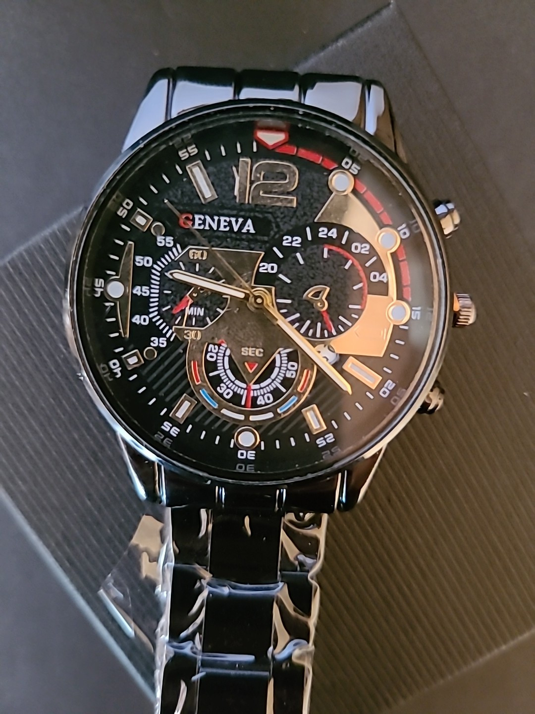 Geneva Men’s Gloss Black Watch With Black And Gold Dial 8 3/4 Inch Band
